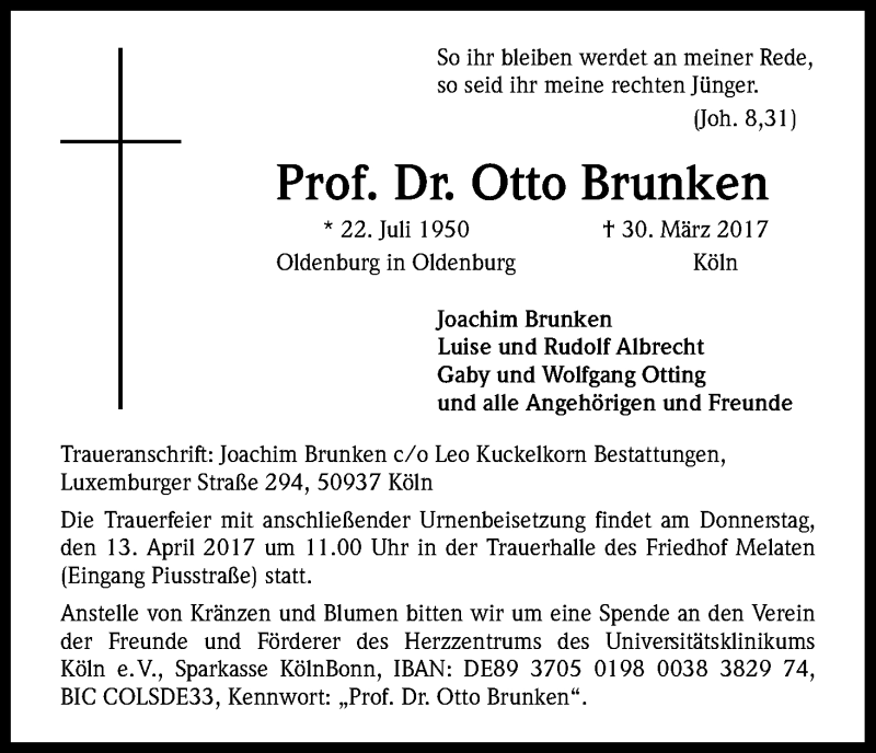  Traueranzeige für Otto Brunken vom 08.04.2017 aus Kölner Stadt-Anzeiger / Kölnische Rundschau / Express