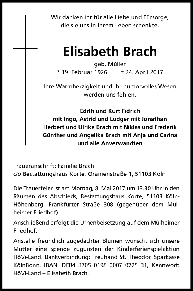  Traueranzeige für Elisabeth Brach vom 29.04.2017 aus Kölner Stadt-Anzeiger / Kölnische Rundschau / Express