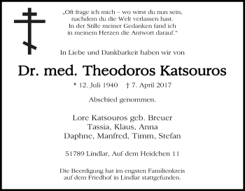 Anzeige von Theodoros Katsouros von Kölner Stadt-Anzeiger / Kölnische Rundschau / Express