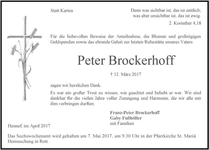  Traueranzeige für Peter Brockerhoff vom 19.04.2017 aus  Extra Blatt 