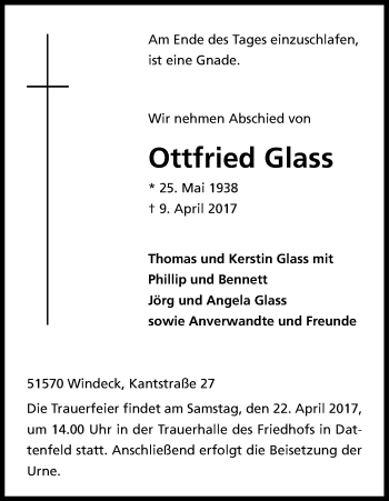 Anzeige von Ottfried Glass von Kölner Stadt-Anzeiger / Kölnische Rundschau / Express