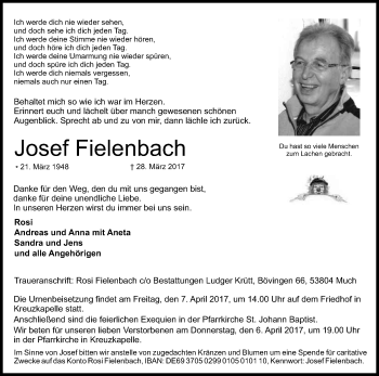 Anzeige von Josef Fielenbach von Kölner Stadt-Anzeiger / Kölnische Rundschau / Express