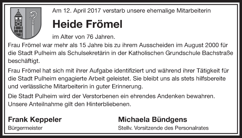  Traueranzeige für Heide Frömel vom 22.04.2017 aus  Sonntags-Post 