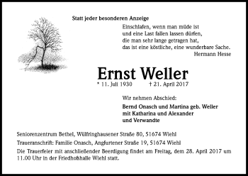 Anzeige von Ernst Weller von Kölner Stadt-Anzeiger / Kölnische Rundschau / Express