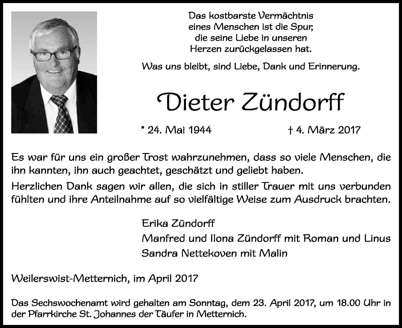  Traueranzeige für Dieter Zündorff vom 15.04.2017 aus Kölner Stadt-Anzeiger / Kölnische Rundschau / Express