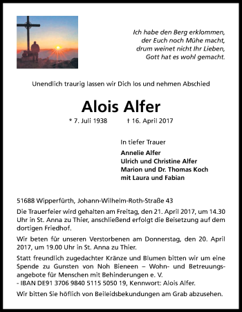 Anzeige von Alois Alfer von Kölner Stadt-Anzeiger / Kölnische Rundschau / Express