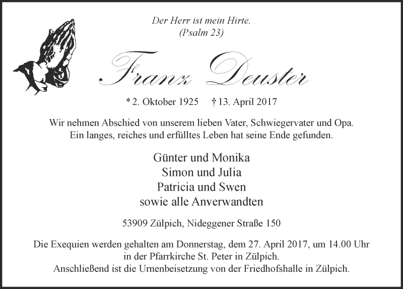  Traueranzeige für Franz Deuster vom 22.04.2017 aus  Blickpunkt Euskirchen 
