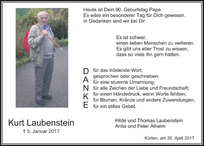  Traueranzeige für Kurt Laubenstein vom 26.04.2017 aus  Bergisches Handelsblatt 