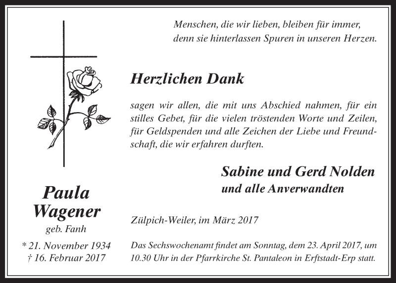  Traueranzeige für Paula Wagener vom 12.04.2017 aus  Werbepost 