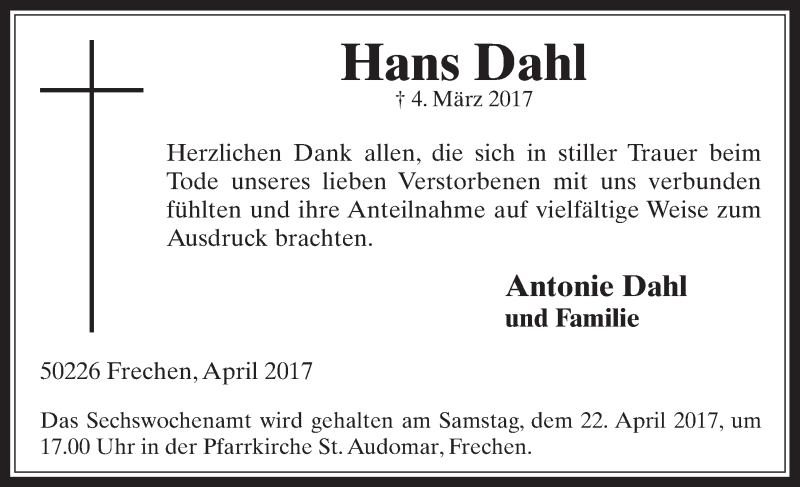  Traueranzeige für Hans Dahl vom 12.04.2017 aus  Wochenende 