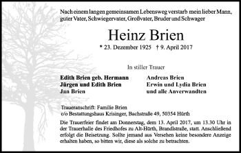 Anzeige von Heinz Brien von Kölner Stadt-Anzeiger / Kölnische Rundschau / Express
