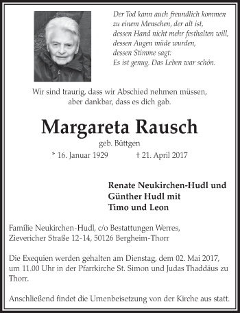 Anzeige von Margareta Rausch von  Sonntags-Post 