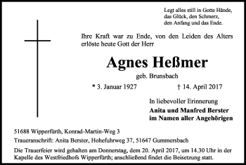 Anzeige von Agnes Heßmer von Kölner Stadt-Anzeiger / Kölnische Rundschau / Express
