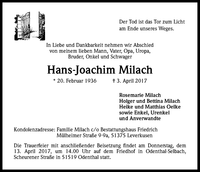  Traueranzeige für Hans-Joachim Milach vom 08.04.2017 aus Kölner Stadt-Anzeiger / Kölnische Rundschau / Express