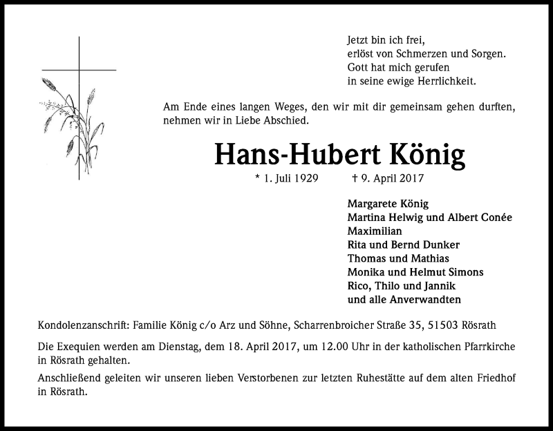  Traueranzeige für Hans-Hubert König vom 15.04.2017 aus Kölner Stadt-Anzeiger / Kölnische Rundschau / Express
