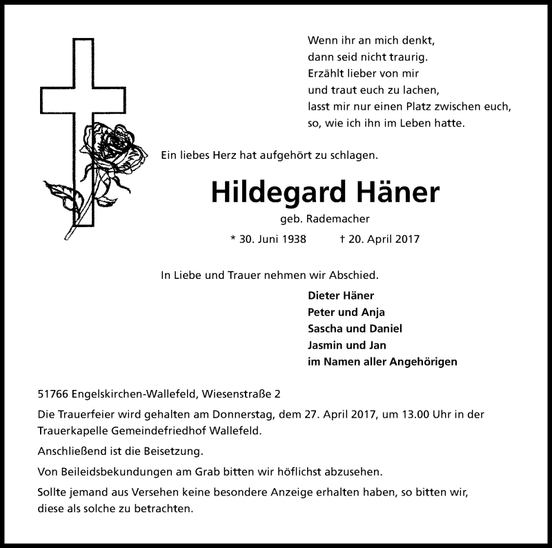  Traueranzeige für Hildegard Häner vom 24.04.2017 aus Kölner Stadt-Anzeiger / Kölnische Rundschau / Express