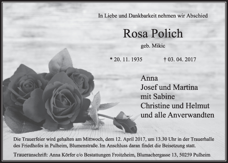  Traueranzeige für Rosa Polich vom 08.04.2017 aus  Sonntags-Post 