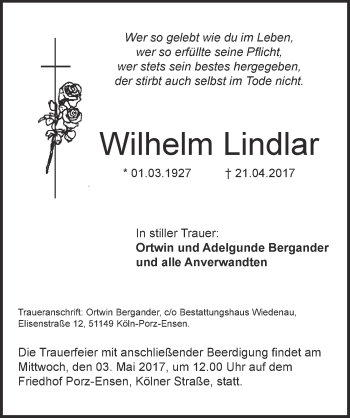 Anzeige von Wilhelm Lindlar von  Kölner Wochenspiegel 