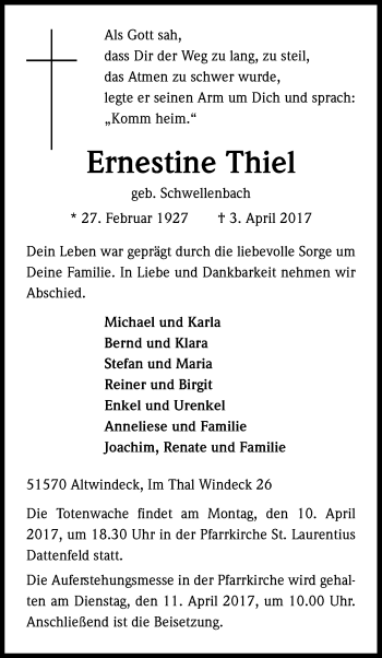 Anzeige von Ernestine Thiel von Kölner Stadt-Anzeiger / Kölnische Rundschau / Express