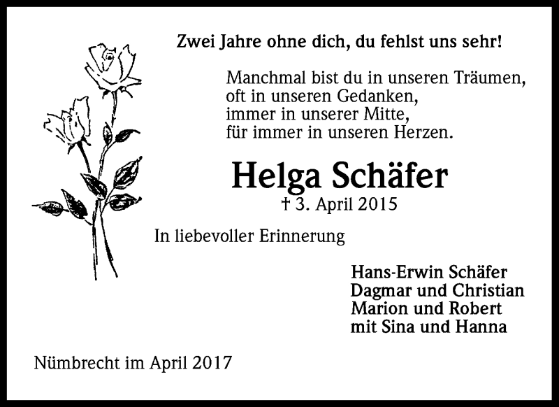  Traueranzeige für Helga Schäfer vom 03.04.2017 aus Kölner Stadt-Anzeiger / Kölnische Rundschau / Express