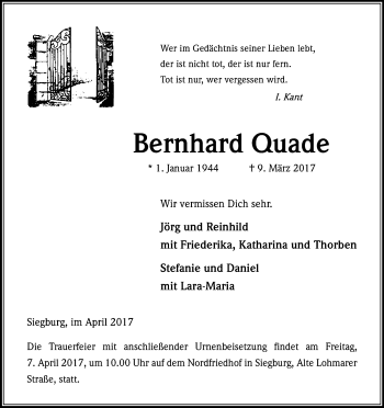 Anzeige von Bernhard Quade von Kölner Stadt-Anzeiger / Kölnische Rundschau / Express