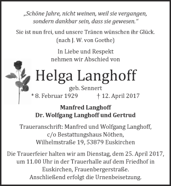 Anzeige von Halga Langhoff von  Blickpunkt Euskirchen 