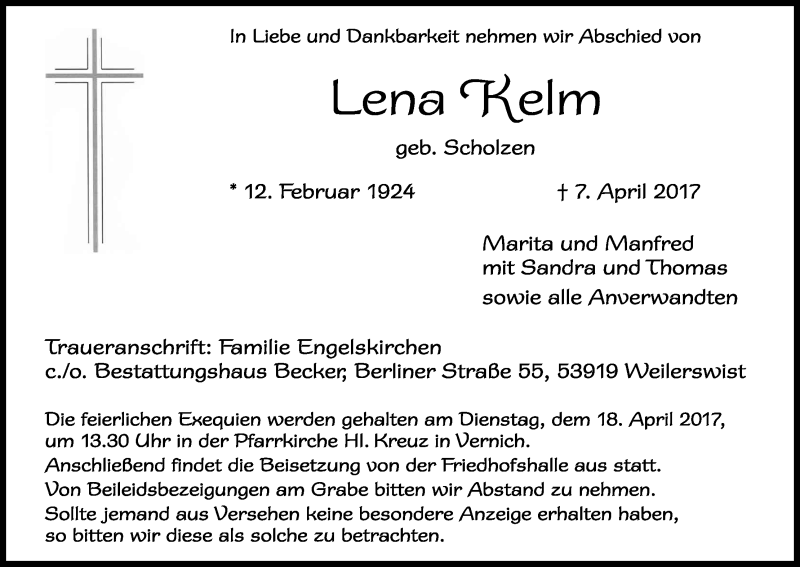  Traueranzeige für Lena Kelm vom 15.04.2017 aus Kölner Stadt-Anzeiger / Kölnische Rundschau / Express