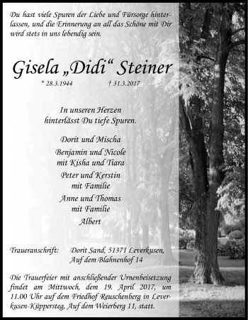 Anzeige von Gisela Steiner von Kölner Stadt-Anzeiger / Kölnische Rundschau / Express