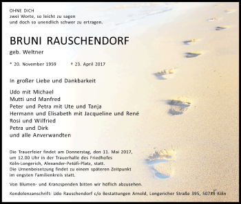 Anzeige von Bruni Rauschendorf von Kölner Stadt-Anzeiger / Kölnische Rundschau / Express