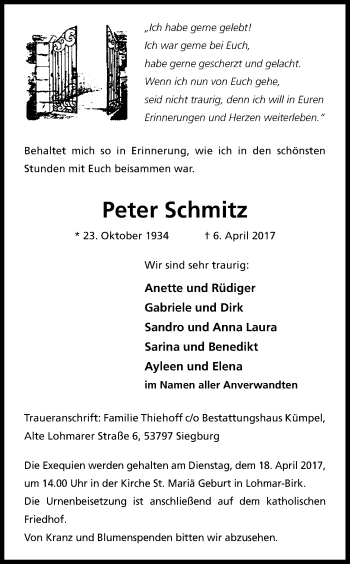 Anzeige von Peter Schmitz von Kölner Stadt-Anzeiger / Kölnische Rundschau / Express