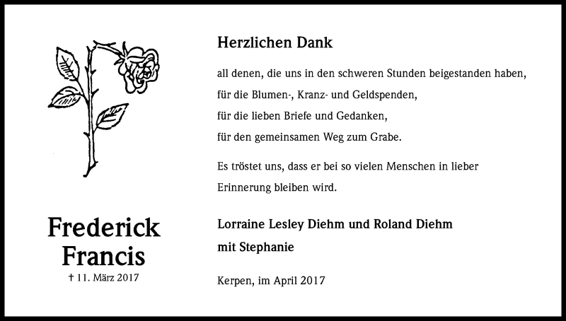  Traueranzeige für Frederick Francis vom 29.04.2017 aus Kölner Stadt-Anzeiger / Kölnische Rundschau / Express