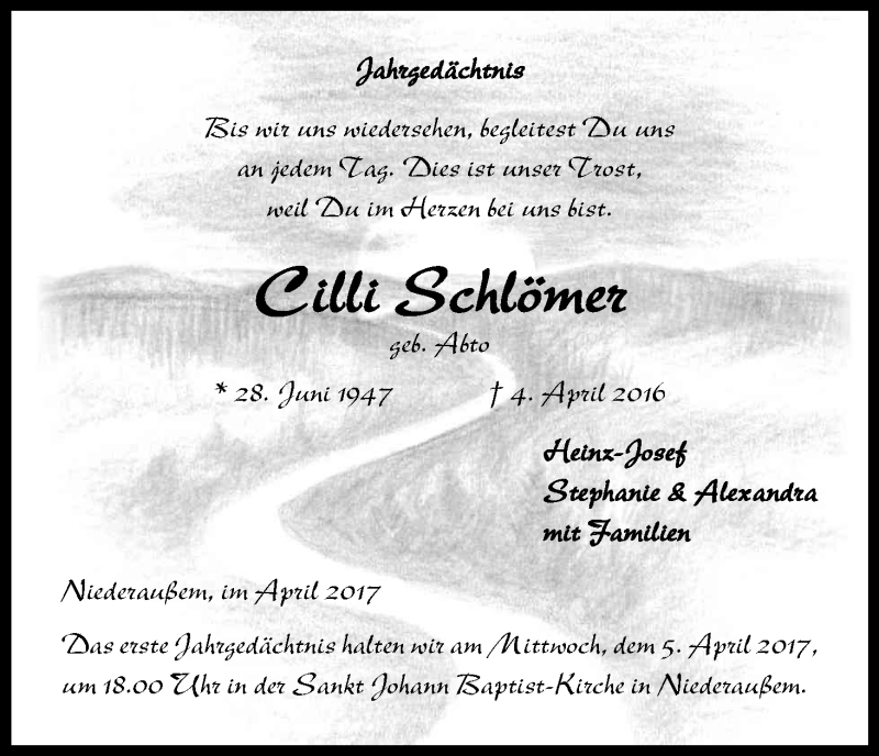  Traueranzeige für Cilli Schlömer vom 01.04.2017 aus Kölner Stadt-Anzeiger / Kölnische Rundschau / Express