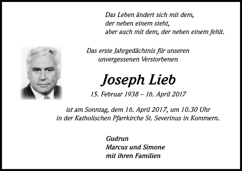  Traueranzeige für Joseph Lieb vom 12.04.2017 aus Kölner Stadt-Anzeiger / Kölnische Rundschau / Express