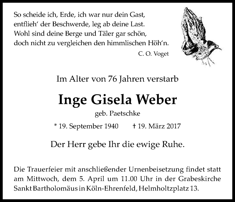  Traueranzeige für Inge Gisela Weber vom 01.04.2017 aus Kölner Stadt-Anzeiger / Kölnische Rundschau / Express