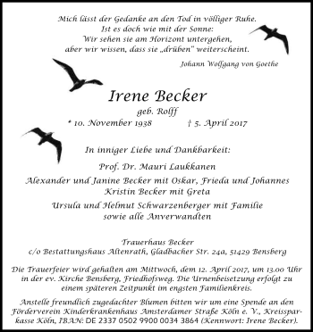Anzeige von Irene Becker von Kölner Stadt-Anzeiger / Kölnische Rundschau / Express