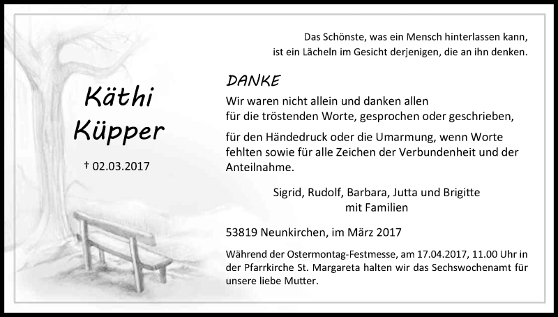  Traueranzeige für Käthi Küpper vom 05.04.2017 aus Kölner Stadt-Anzeiger / Kölnische Rundschau / Express