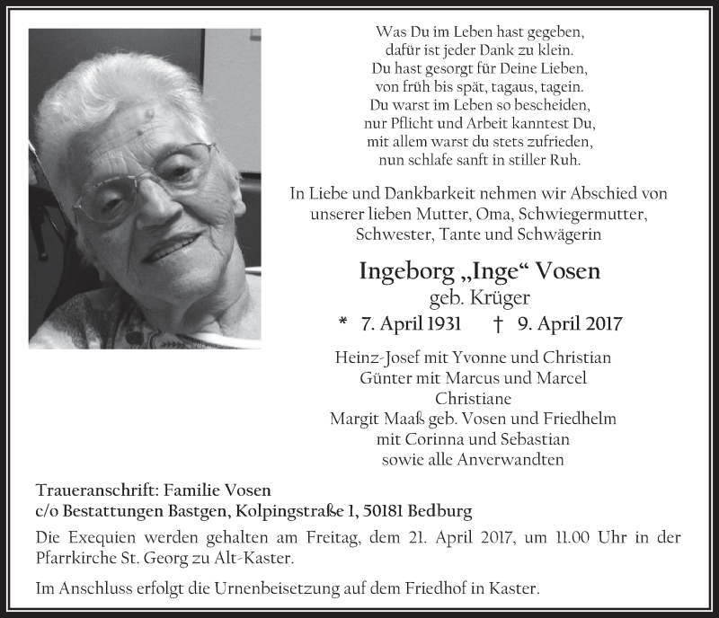  Traueranzeige für Ingeborg Vosen vom 19.04.2017 aus  Werbepost 