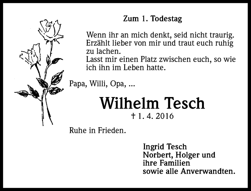  Traueranzeige für Wilhelm Tesch vom 01.04.2017 aus Kölner Stadt-Anzeiger / Kölnische Rundschau / Express