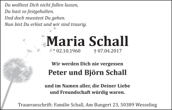 Anzeige von Maria Schall von  Schlossbote/Werbekurier 