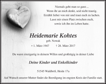 Anzeige von Heidemarie Kohtes von  Lokalanzeiger 