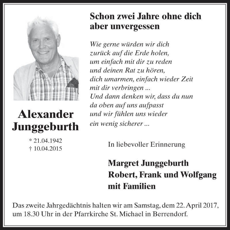  Traueranzeige für Alexander Junggeburth vom 12.04.2017 aus  Werbepost 