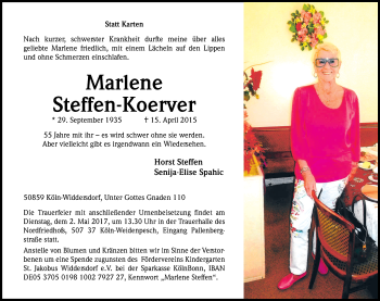 Anzeige von Marlene Steffen-Koerver von Kölner Stadt-Anzeiger / Kölnische Rundschau / Express