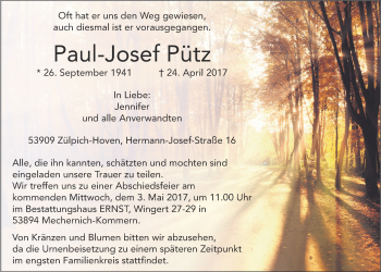 Anzeige von Paul-Josef Pütz von  Blickpunkt Euskirchen 