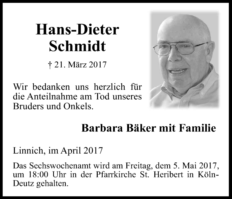  Traueranzeige für Hans-Dieter Schmidt vom 22.04.2017 aus Kölner Stadt-Anzeiger / Kölnische Rundschau / Express