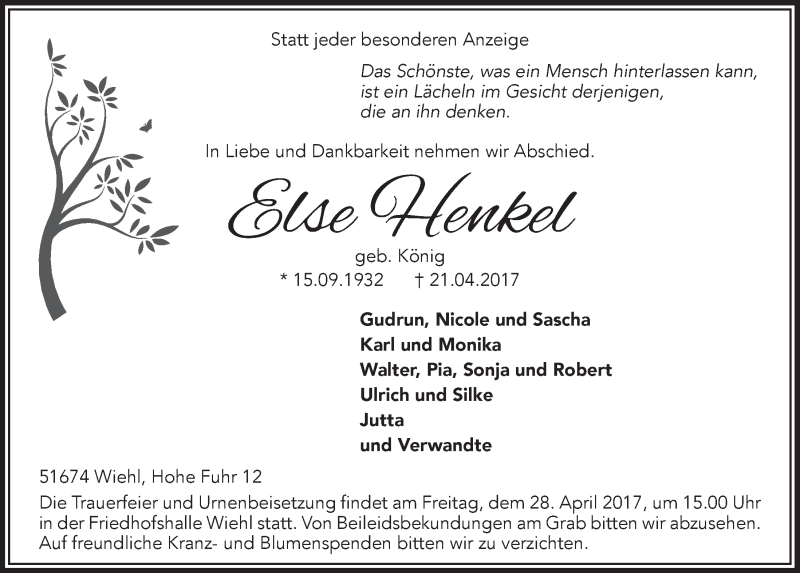  Traueranzeige für Else Henkel vom 26.04.2017 aus  Anzeigen Echo 
