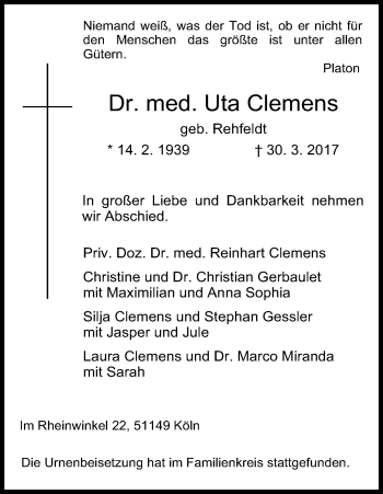 Anzeige von Uta Clemens von Kölner Stadt-Anzeiger / Kölnische Rundschau / Express
