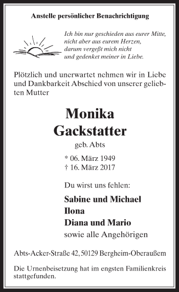 Anzeige von Monika Gackstatter von  Werbepost 