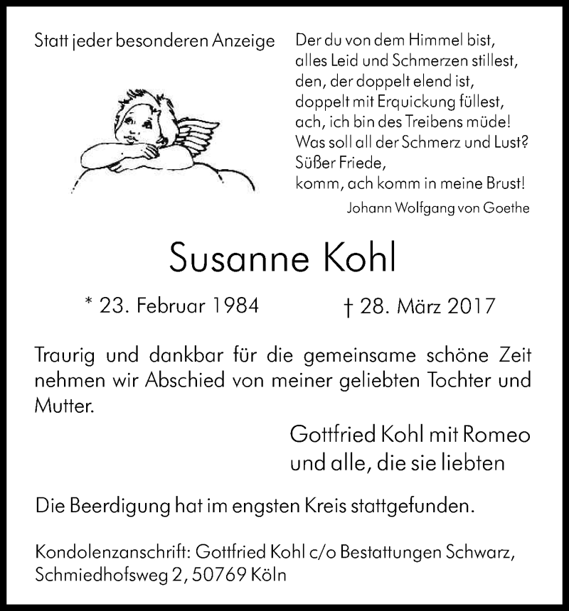  Traueranzeige für Susanne Kohl vom 08.04.2017 aus Kölner Stadt-Anzeiger / Kölnische Rundschau / Express