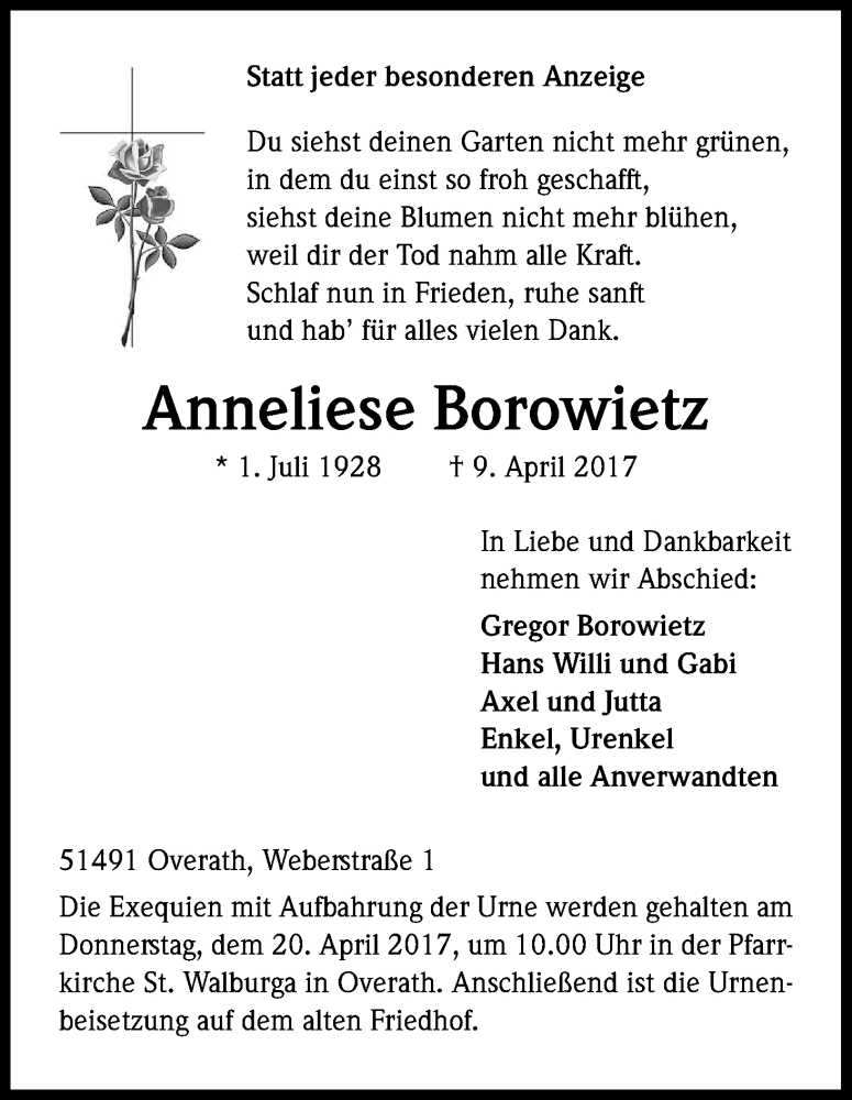  Traueranzeige für Anneliese Borowietz vom 12.04.2017 aus Kölner Stadt-Anzeiger / Kölnische Rundschau / Express