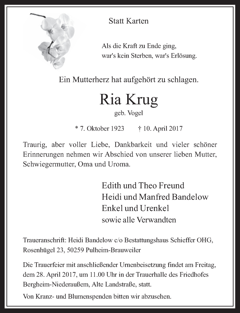  Traueranzeige für Ria Krug vom 19.04.2017 aus  Werbepost 